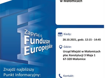 Plakat, który promuje Mobilny Punkt Informacyjny w Małomicach. Konsultacje przeprowadzą 28 października 2021 r. pracownicy Głównego Punktu Informacyjnego Funduszy Europejskich w Zielonej Górze.