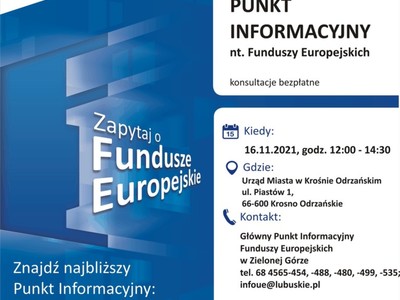 Plakat, który promuje Mobilny Punkt Informacyjny w Krośnie Odrzańskim. Konsultacje prowadzą 16 listopada 2021 r. pracownicy Głównego Punktu Informacyjnego Funduszy Europejskich w Zielonej Górze.