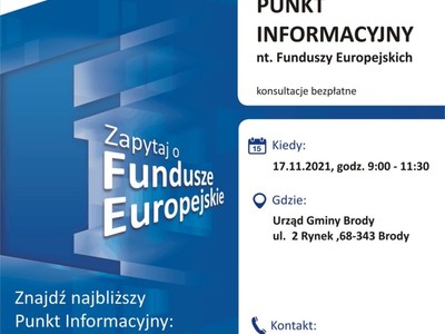 Plakat, który promuje Mobilny Punkt Informacyjny w Brodach. Konsultacje prowadzą 17 listopada 2021 r. pracownicy Głównego Punktu Informacyjnego Funduszy Europejskich w Zielonej Górze.