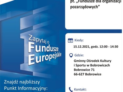 Plakat, który promuje spotkanie informacyjne pt. „Fundusze dla organizacji pozarządowych”. Spotkanie odbędzie się 9 grudnia 2021 r. w Nowej Soli. Organizują je pracownicy Głównego Punktu Informacyjnego Funduszy Europejskich w Zielonej Górze.