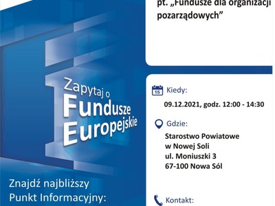 Plakat, który promuje spotkanie informacyjne pt. „Fundusze dla organizacji pozarządowych”. Spotkanie odbędzie się 15 grudnia 2021 r. w Bobrowicach. Organizują je pracownicy Głównego Punktu Informacyjnego Funduszy Europejskich w Zielonej Górze.