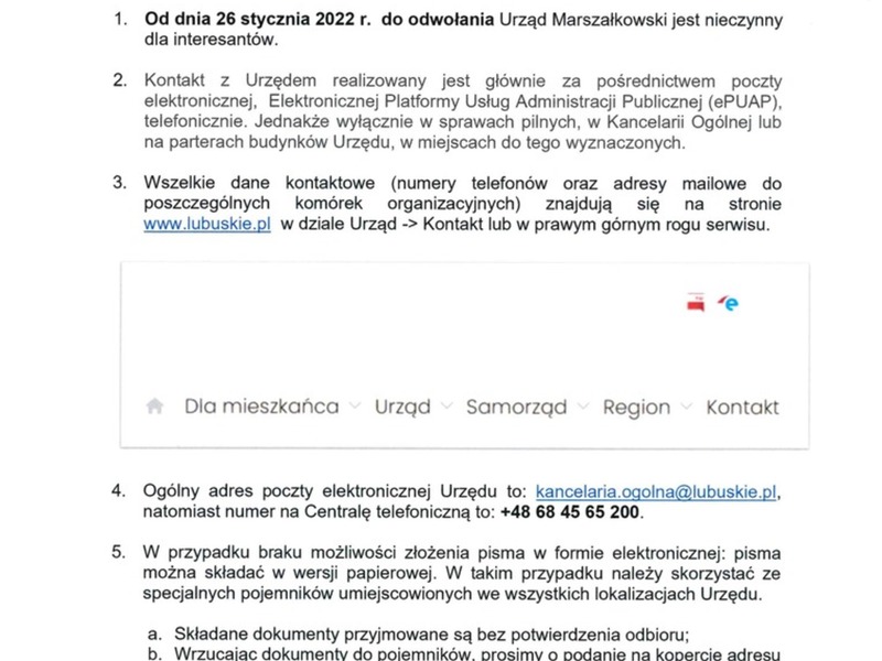 Ogłoszenie o ograniczeniu pracy UMWL