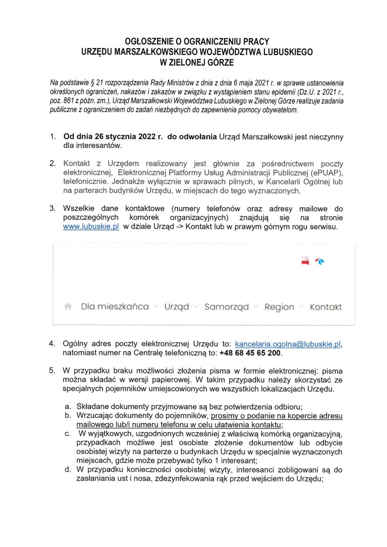 Ogłoszenie o ograniczeniu pracy UMWL