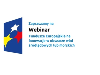 Logo w kształcie pionowo ustawionego rombu z trzema gwiazdkami wpisanymi w ten romb. Romb jest ciemnoniebieski, a gwiazdki są żółta, biała i czerwona. Do tego napis Zapraszamy na Webinar, Fundusze Europejskie na innowacje w obszarze wód śródlądowych i morskich