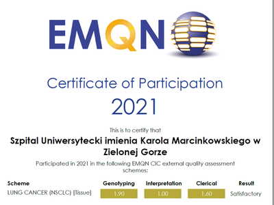Certyfikat Międzynarodowej Organizacji EMQN dla Zakładu Patomorfologii Szpitala Uniwersyteckiego w Zielonej Górze
