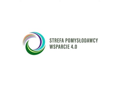 Grafika przedstawia logo w kształcie kolorowego koła namalowanego jakby od pociągnięcia pędzlem plus napis: Strefa Pomysłodawcy Wsparcie 4.0
