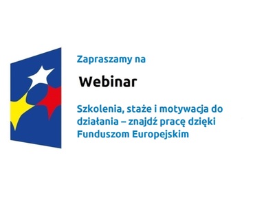 Logo w kształcie pionowo ustawionego rombu z trzema gwiazdkami wpisanymi w ten romb. Romb jest ciemnoniebieski, a gwiazdki są żółta, biała i czerwona. Do tego napis Zapraszamy na Webinar: Szkolenia, staże i motywacja do działania – znajdź pracę dzięki Funduszom Europejskim – 17 marca 2022 roku.