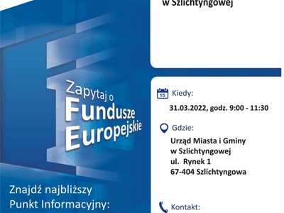 Plakat o Mobilnym Punkcie Informacyjnym w Szlichtyngowej. Data i dane teleadresowe.