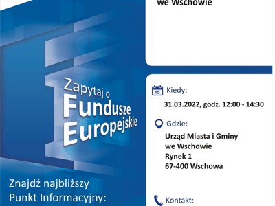 Plakat o Mobilnym Punkcie Informacyjnym we Wschowie. Data i dane teleadresowe.