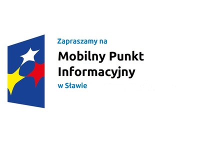 Logo w kształcie pionowo ustawionego rombu z trzema gwiazdkami wpisanymi w ten romb. Romb jest ciemnoniebieski, a gwiazdki są żółta, biała i czerwona. Do tego napis Zapraszamy na Mobilny Punkt Informacyjny w Sławie