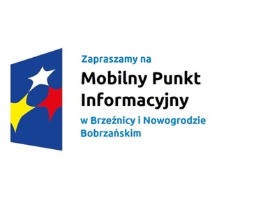 Logo w kształcie pionowo ustawionego rombu z trzema gwiazdkami wpisanymi w ten romb. Romb jest ciemnoniebieski, a gwiazdki są żółta, biała i czerwona. Do tego napis Zapraszamy na Mobilny Punkt Informacyjny w Brzeźnicy i Nowogrodzie Bobrzańskim