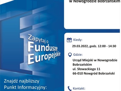 Plakat o Mobilnym Punkcie Informacyjnym w Nowogrodzie Bobrzańskim. Data i dane teleadresowe.