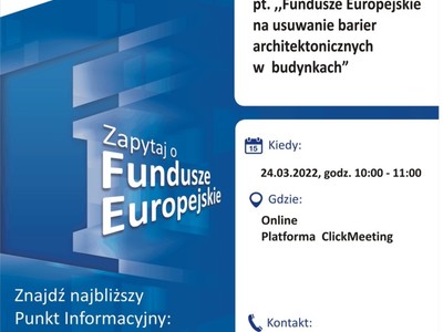 Plakat informacyjny o webinarze. Dane teleadresowe.