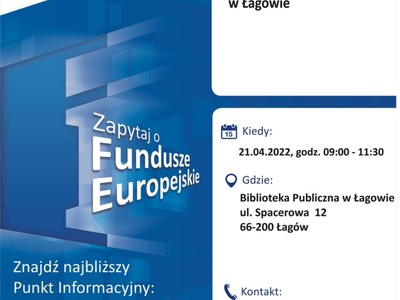 Plakat o Mobilnym Punkcie Informacyjnym w Łagowie. Data i dane teleadresowe.