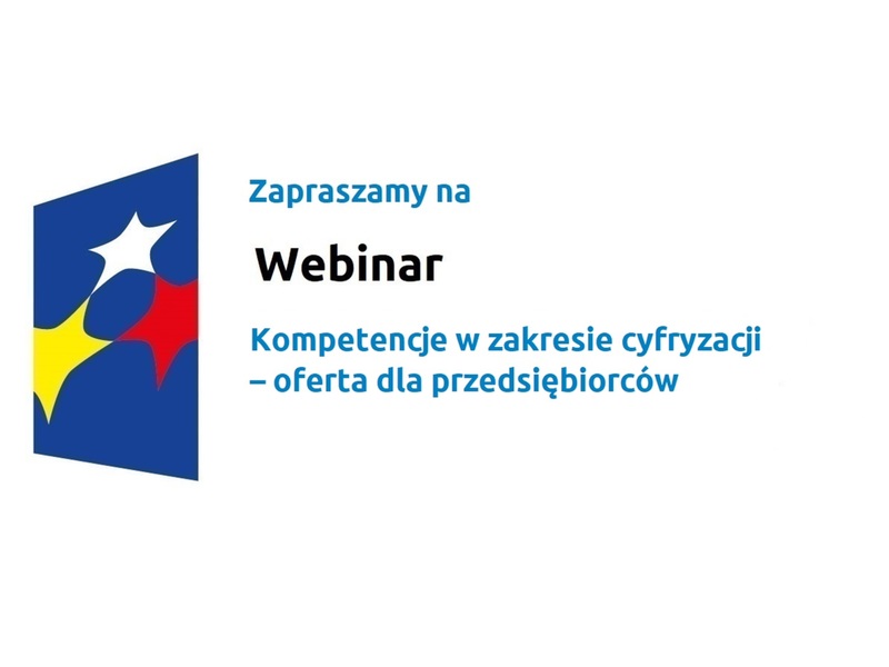 Logo w kształcie pionowo ustawionego rombu z trzema gwiazdkami wpisanymi w ten romb. Romb jest ciemnoniebieski, a gwiazdki są żółta, biała i czerwona. Do tego napis Zapraszamy na Webinar:Kompetencje w zakresie cyfryzacji – oferta dla przedsiębiorców
