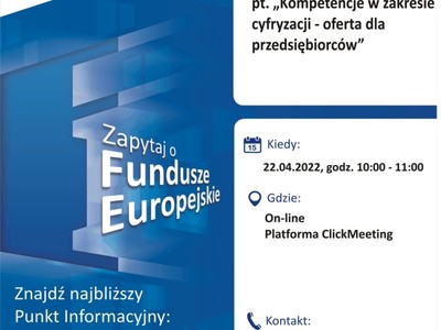 Plakat, który promuje webinar: Fundusze Europejskie na zakładanie działalności gospodarczej na terenach wiejskich. Webinar organizuje 22 kwietnia 2022 r. pracownik Głównego Punktu Informacyjnego Funduszy Europejskich w Zielonej Górze.