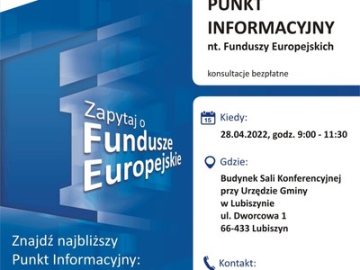 Plakat, który promuje Mobilny Punkt Informacyjny w Lubiszynie. 28 kwietnia 2022 roku.  