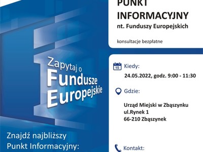 Plakat, który promuje Mobilny Punkt Informacyjny w Zbąszynku 24 maja 2022 roku.  
