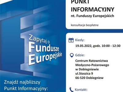 Plakat, który promuje Mobilny Punkt Informacyjny w Dobiegniewie. 19 maja 2022 roku.  