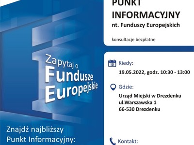 Plakat, który promuje Mobilny Punkt Informacyjny w Drezdenku. 19 maja 2022 roku.  