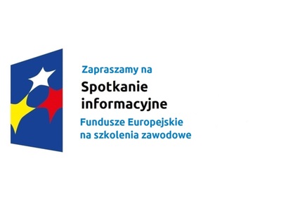 Logo w kształcie pionowo ustawionego rombu z trzema gwiazdkami wpisanymi w ten romb. Romb jest ciemnoniebieski, a gwiazdki są żółta, biała i czerwona. Do tego napis Zapraszamy na spotkanie informacyjne Fundusze Europejskie na szkolenia zawodowe