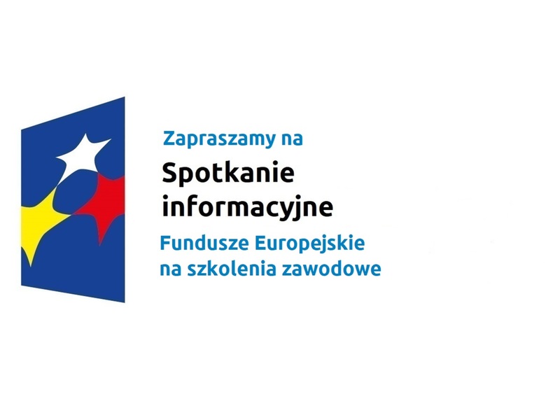 Logo w kształcie pionowo ustawionego rombu z trzema gwiazdkami wpisanymi w ten romb. Romb jest ciemnoniebieski, a gwiazdki są żółta, biała i czerwona. Do tego napis Zapraszamy na spotkanie informacyjne Fundusze Europejskie na szkolenia zawodowe