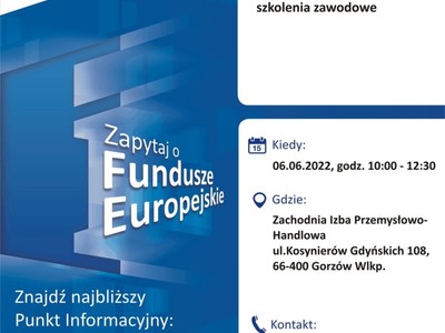 Plakat, który promuje spotkanie informacyjne Fundusze Europejskie na szkolenia zawodowe
