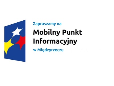 Logo w kształcie pionowo ustawionego rombu z trzema gwiazdkami wpisanymi w ten romb. Romb jest ciemnoniebieski, a gwiazdki są żółta, biała i czerwona. Do tego napis Zapraszamy na Mobilny Punkt Informacyjny w Miedzyrzeczu