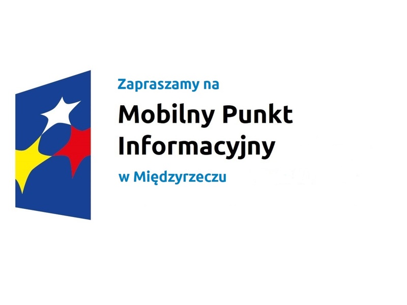 Logo w kształcie pionowo ustawionego rombu z trzema gwiazdkami wpisanymi w ten romb. Romb jest ciemnoniebieski, a gwiazdki są żółta, biała i czerwona. Do tego napis Zapraszamy na Mobilny Punkt Informacyjny w Miedzyrzeczu
