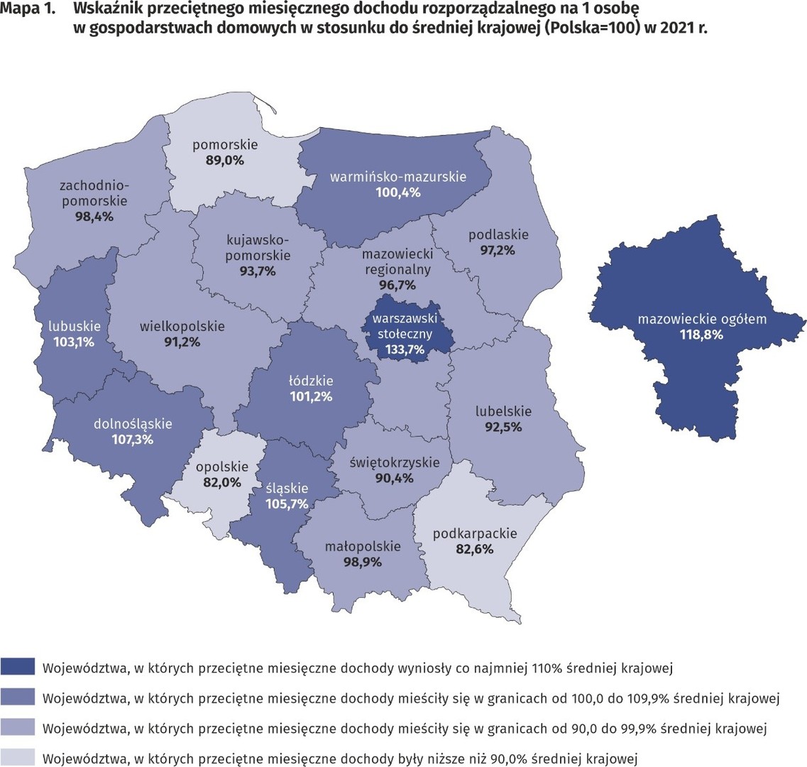 Mapa regionów ze wskaźnikiem przeciętnego miesięcznego dochodu rozporządzalnego na 1 osobę w gospodarstwach domowych w stosunku do średniej krajowej (Polska = 100) w 2021 roku