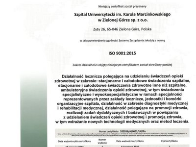 Certyfikat ISO 9001 dla Szpitala Uniwersyteckiego