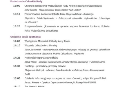 Program posiedzenia Wojewódzkiej Rady Kobiet 11 lipca 2022 r. 