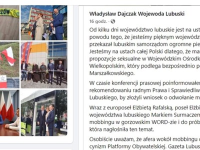 Screen z facebookowego konta Wojewody Lubuskiego Władysława Dajczaka z 25 lipca 2022 r.