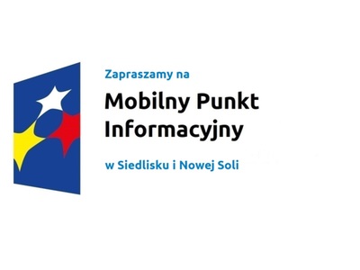 Logo w kształcie pionowo ustawionego rombu z trzema gwiazdkami wpisanymi w ten romb. Romb jest ciemnoniebieski, a gwiazdki są żółta, biała i czerwona. Do tego napis Zapraszamy na Mobilny Punkt Informacyjny w Siedlisku i Nowej Soli.