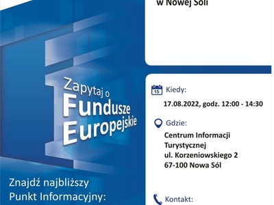 Plakat, który promuje Mobilny Punkt Informacyjny w Nowej Soli 17 sierpnia 2022 roku.  