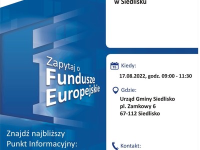 Plakat, który promuje Mobilny Punkt Informacyjny w Siedlisku 17 sierpnia 2022 roku.  