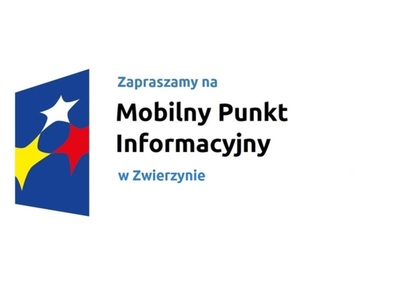 Logo w kształcie pionowo ustawionego rombu z trzema gwiazdkami wpisanymi w ten romb. Romb jest ciemnoniebieski, a gwiazdki są żółta, biała i czerwona. Do tego napis Zapraszamy na Mobilny Punkt Informacyjny w Zwierzynie.