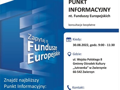 Plakat, który promuje Mobilny Punkt Informacyjny w Trzcielu. 30 sierpnia 2022 roku.