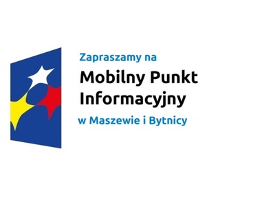 Logo w kształcie pionowo ustawionego rombu z trzema gwiazdkami wpisanymi w ten romb. Romb jest ciemnoniebieski, a gwiazdki są żółta, biała i czerwona. Do tego napis Zapraszamy na Mobilny Punkt Informacyjny w Maszewie i Bytnicy.