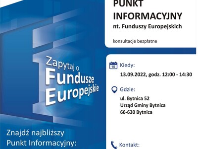 Plakat, który promuje Mobilny Punkt Informacyjny w Bytnicy. 
