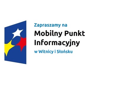 Logo w kształcie pionowo ustawionego rombu z trzema gwiazdkami wpisanymi w ten romb. Romb jest ciemnoniebieski, a gwiazdki są żółta, biała i czerwona. Do tego napis Zapraszamy na Mobilny Punkt Informacyjny w Witnicy i Słońsku.