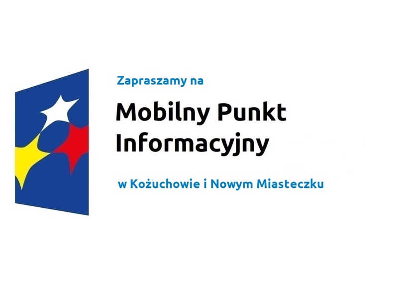 Logo w kształcie pionowo ustawionego rombu z trzema gwiazdkami wpisanymi w ten romb. Romb jest ciemnoniebieski, a gwiazdki są żółta, biała i czerwona. Do tego napis Zapraszamy na Mobilny Punkt Informacyjny w Kożuchowie i Nowym Miasteczku