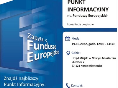 Plakat, który promuje Mobilny Punkt Informacyjny w Nowym Miasteczku