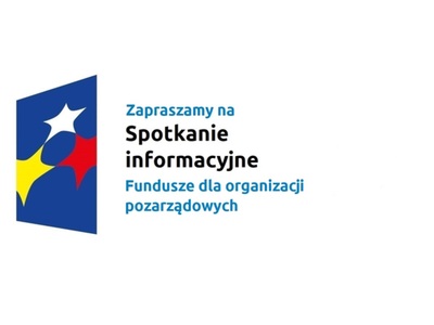Logo w kształcie pionowo ustawionego rombu z trzema gwiazdkami wpisanymi w ten romb. Romb jest ciemnoniebieski, a gwiazdki są żółta, biała i czerwona. Do tego napis Zapraszamy na spotkanie informacyjne Fundusze dla organizacji pozarządowych