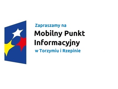 Logo w kształcie pionowo ustawionego rombu z trzema gwiazdkami wpisanymi w ten romb. Romb jest ciemnoniebieski, a gwiazdki są żółta, biała i czerwona. Do tego napis Zapraszamy na Mobilny Punkt Informacyjny Torzymiu i Rzepinie.