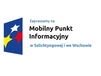Logo w kształcie pionowo ustawionego rombu z trzema gwiazdkami wpisanymi w ten romb. Romb jest ciemnoniebieski, a gwiazdki są żółta, biała i czerwona. Do tego napis Zapraszamy na Mobilny Punkt Informacyjny w Szlichtyngowej i we Wschowie