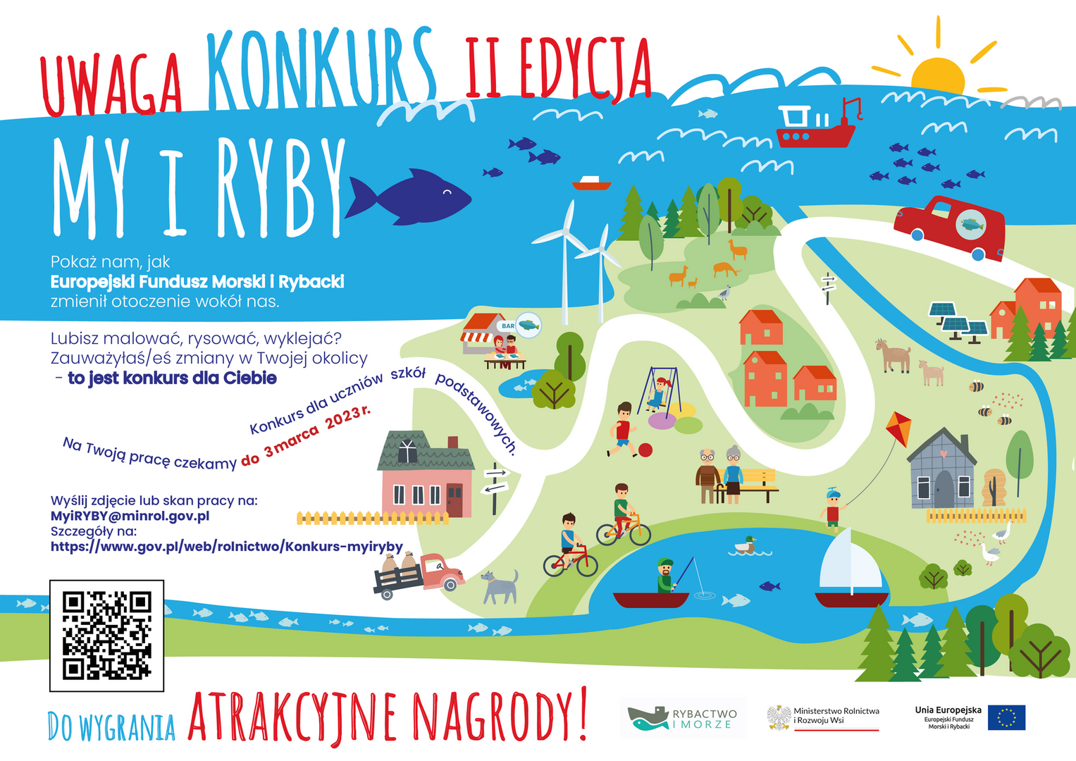 plakat promocyjny do konkursu My i Ryby. Rysunkowy wiejski klimat, w sąsiedztwie morza jeziora i rzeki.