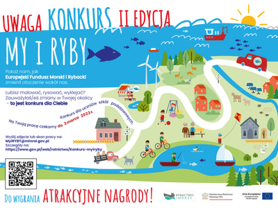 plakat promocyjny do konkursu My i Ryby. Rysunkowy wiejski klimat, w sąsiedztwie morza jeziora i rzeki.