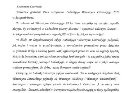 List gratulacyjny Marszałek Elżbiety Anny Polak do laureata Lubuskiego Wawrzynu Literackiego - Proza - Waldemara Szymczaka 