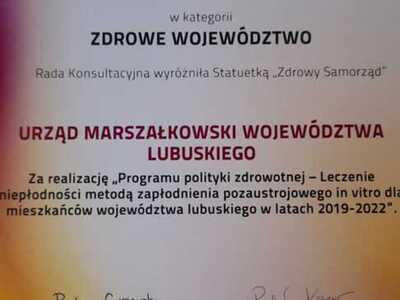 Nagroda dla województwa lubuskiego w konkursie „Zdrowy Samorząd” za realizację programu in vitro